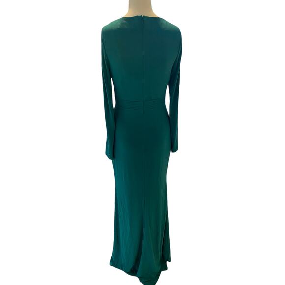 Mac Duggal 26554 V-Neck Long Sleeve Emerald Green Jersey High Slit Gown - Picture 6 of 8